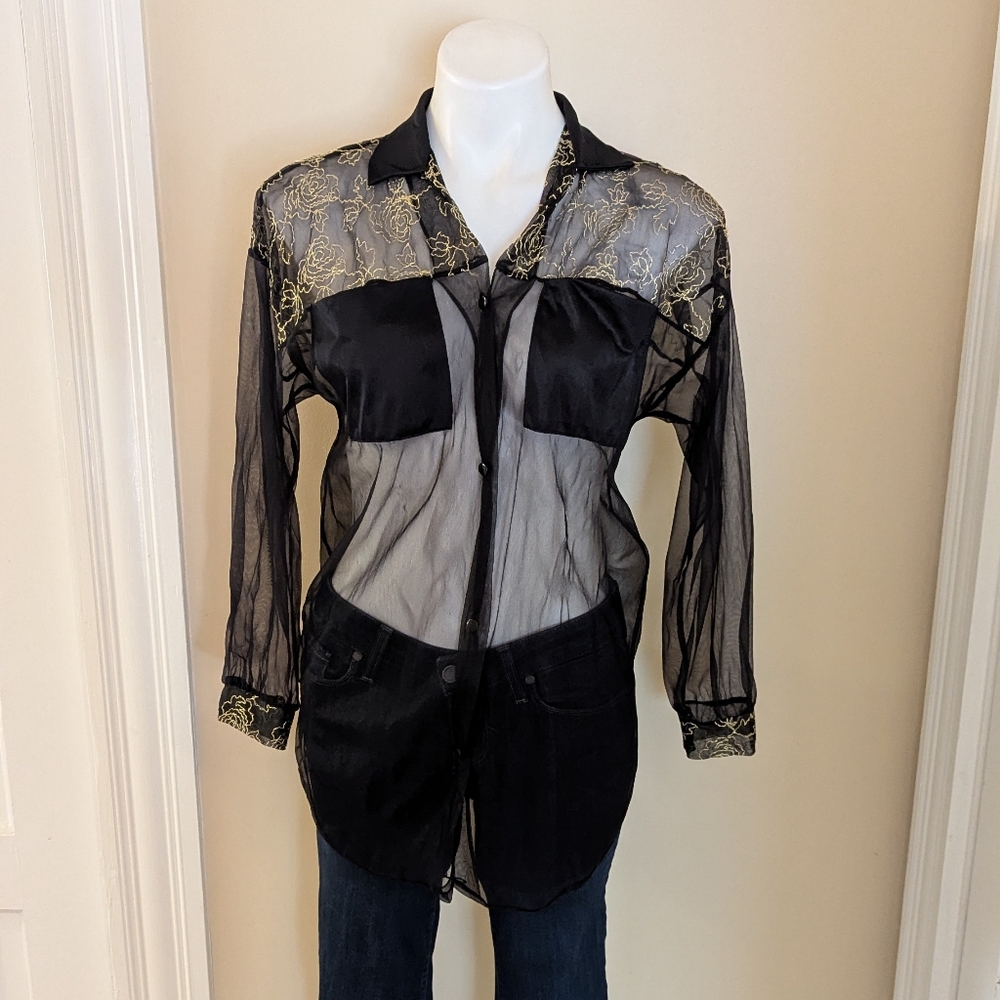 Vintage Undercover Wear black sheer pajama top with gold ross embroidery S